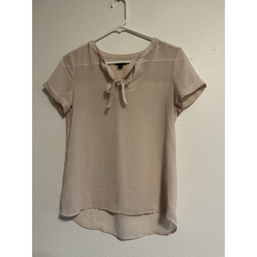 Ann Taylor Petite Womens XS V-Neck Blouse Top Blue and Pink Polka Dot